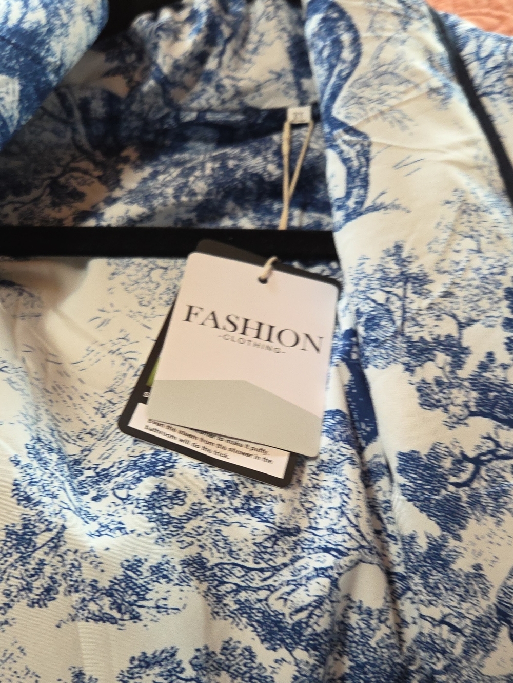 Blue & White Toile Quilted Puffer Jacket with Contrast Trim
